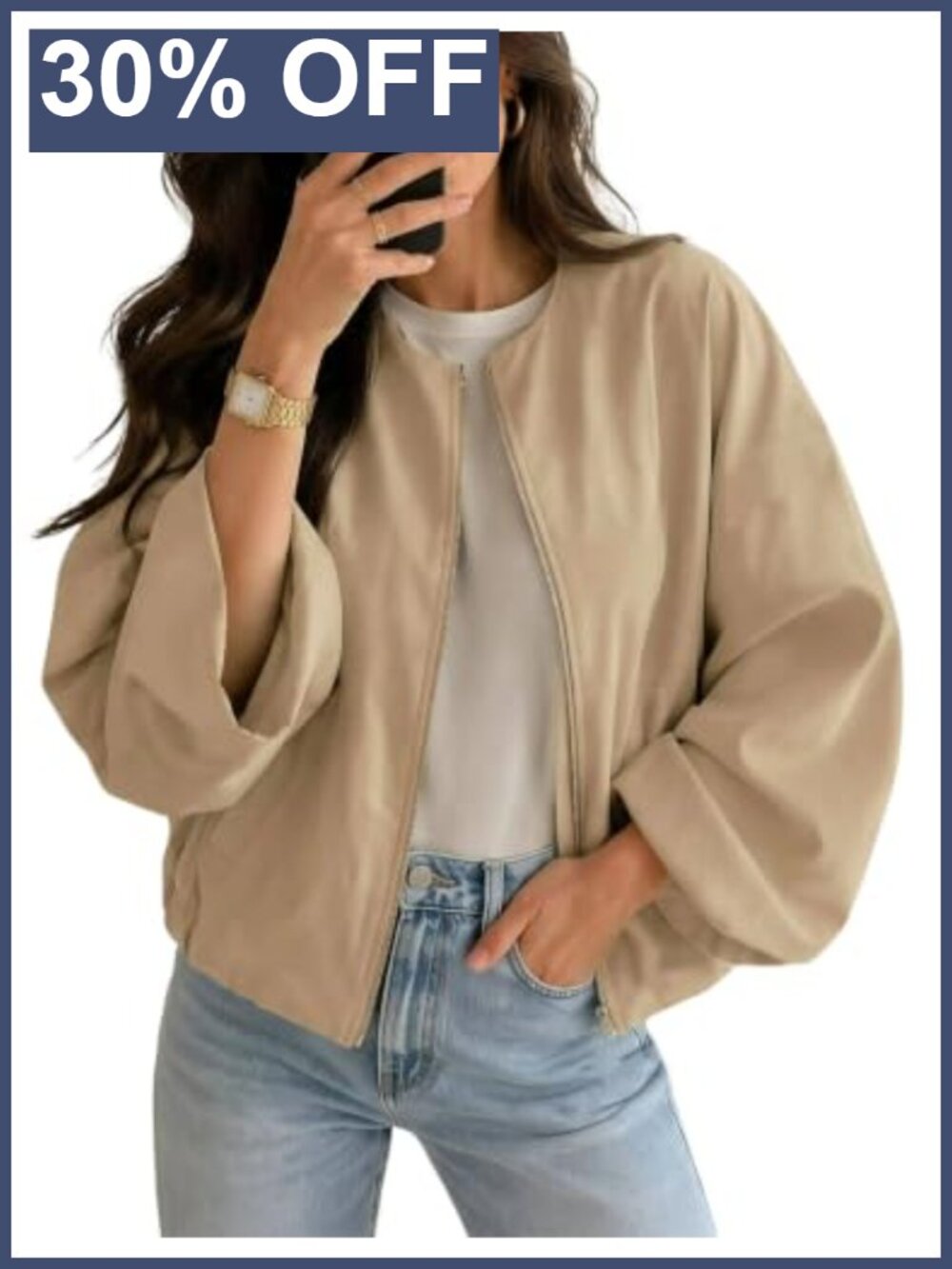 Women's Lightweight Polyester Zip-Up Bomber Jacket Collarless Cropped Casual